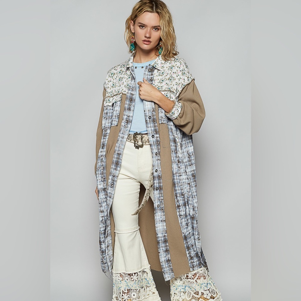 POL “ Wildflower Road Duster “ Long Button Down Coat | Olive Multi